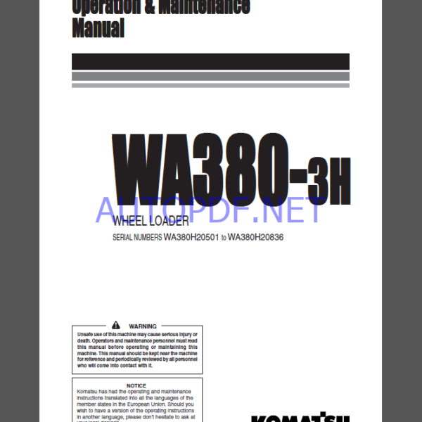 Komatsu WA380-3H WHEEL LOADER Operation and Maintenance Manual (VEAM460200)