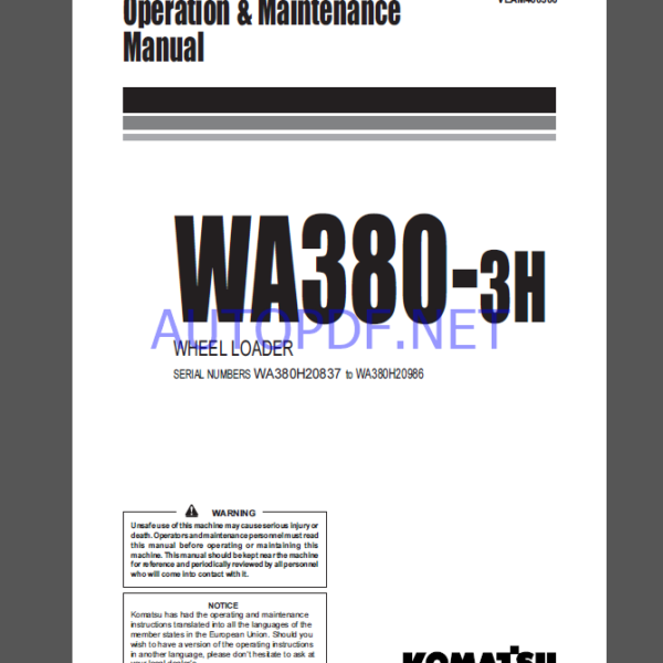 Komatsu WA380-3H WHEEL LOADER Operation and Maintenance Manual (VEAM460300)