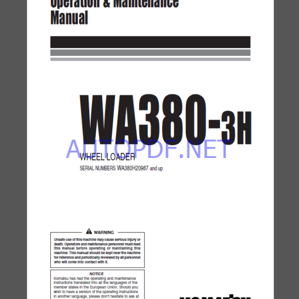 Komatsu WA380-3H WHEEL LOADER Operation and Maintenance Manual (VEAM460400)