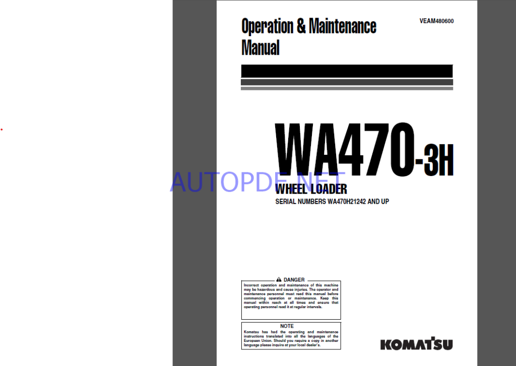 Komatsu WA470-3H WHEEL LOADER Operation and Maintenance Manual (VEAM480600)