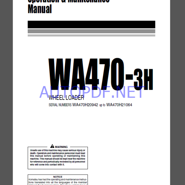 Komatsu WA470-3H WHEEL LOADER Operation and Maintenance Manual (VEAM480300)