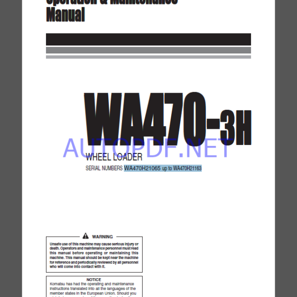 Komatsu WA470-3H WHEEL LOADER Operation and Maintenance Manual (VEAM480400)