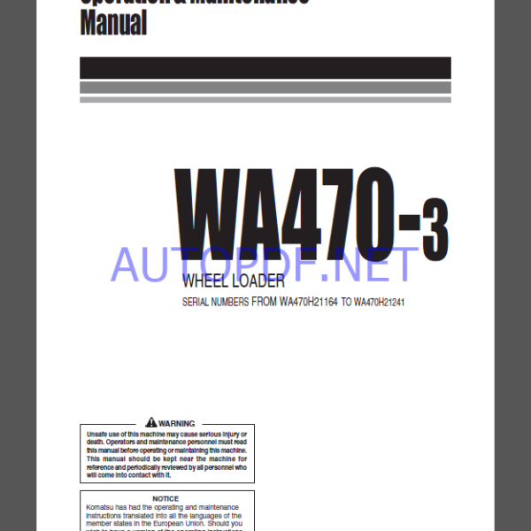 Komatsu WA470-3 WHEEL LOADER Operation and Maintenance Manual (VEAM480500)