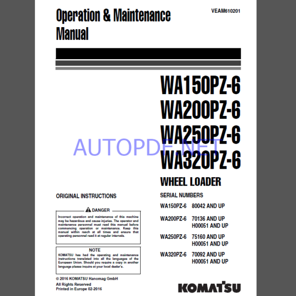 Komatsu WA150PZ-6,WA200PZ-6,WA250PZ-6,WA320PZ-6 WHEEL LOADER Operation and Maintenance Manual(VEAM610201)