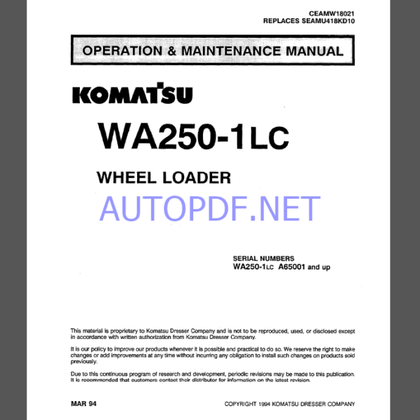 Komatsu WA250-1LC WHEEL LOADER Operation and Maintenance Manual (CEAMW18021)