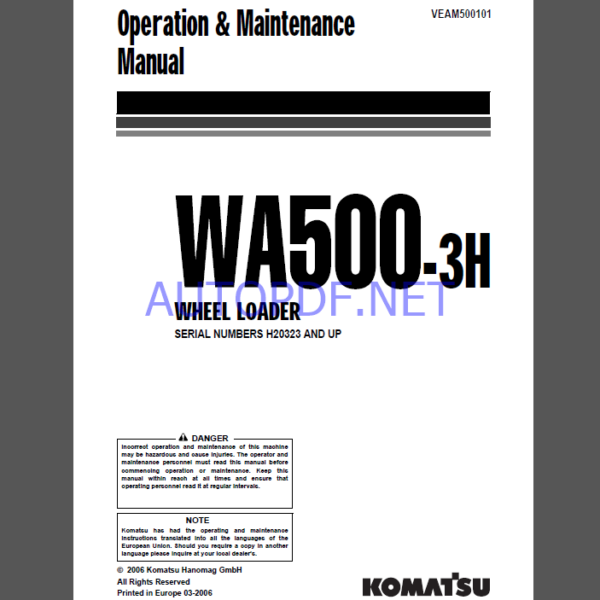 Komatsu WA500-3H WHEEL LOADER Operation and maıntenance Manual(VEAM500101)