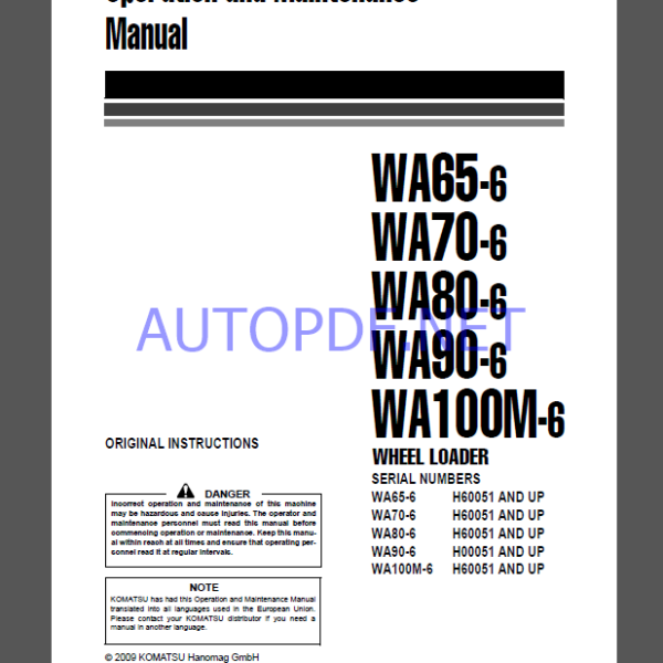 Komatsu WA65-6,WA70-6,WA80-6,WA90-6,WA100M-6 WHEEL LOADER Operation and maıntenance Manual(VEAM550102)