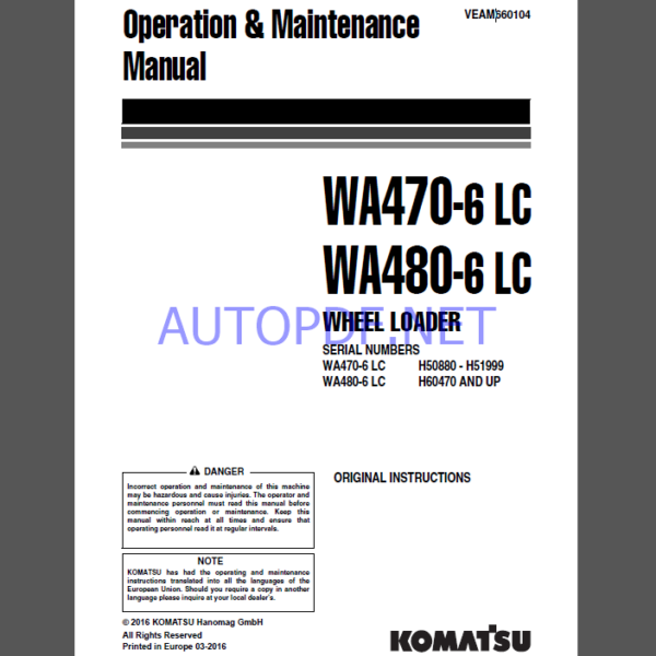 Komatsu WA470-6 LC,WA480-6 LC WHEEL LOADER Operation and maıntenance Manual(VEAM660104)