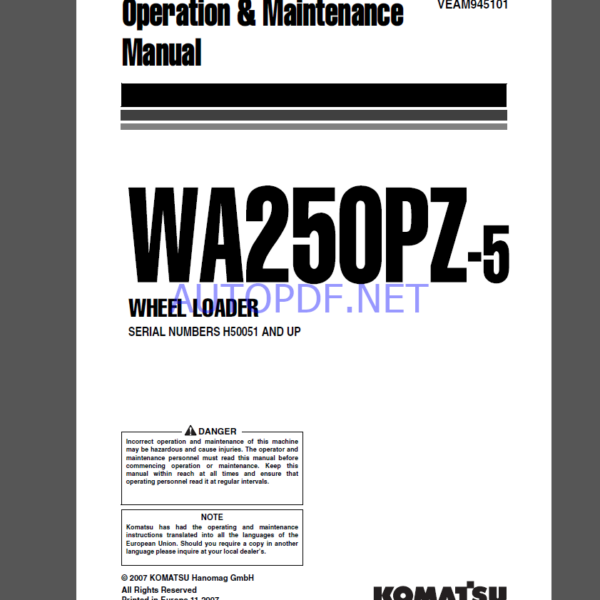 Komatsu WA250PZ-5 WHEEL LOADER Operation and maıntenance Manual(VEAM945101)