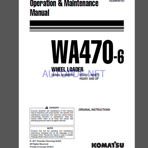 Komatsu WA470-6 WHEEL LOADER Operation and maıntenance Manual(VEAM946103)