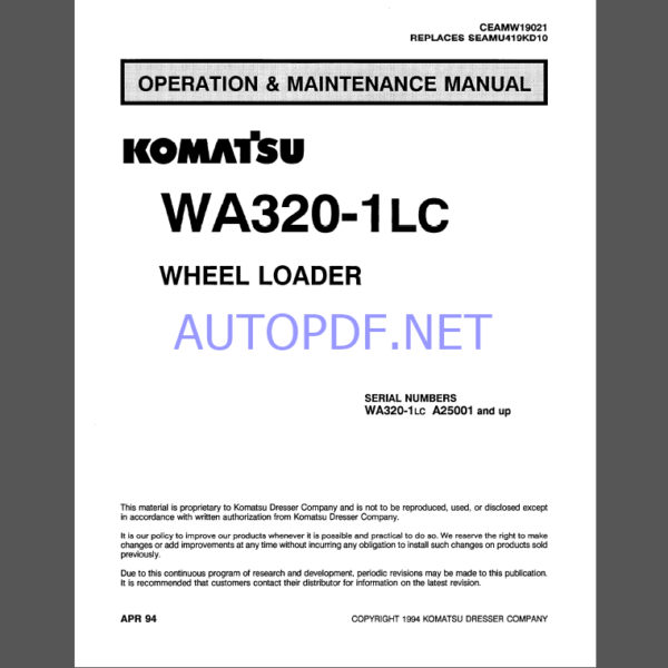 Komatsu WA320-1LC WHEEL LOADER Operation and Maintenance Manual (CEAMW19021)