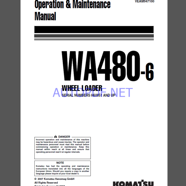 Komatsu WA480-6 WHEEL LOADER Operation and maıntenance Manual(VEAM947100)