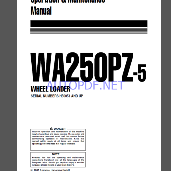 Komatsu WA250PZ-6 WHEEL LOADER Operation and maıntenance Manual(VEAM945100)