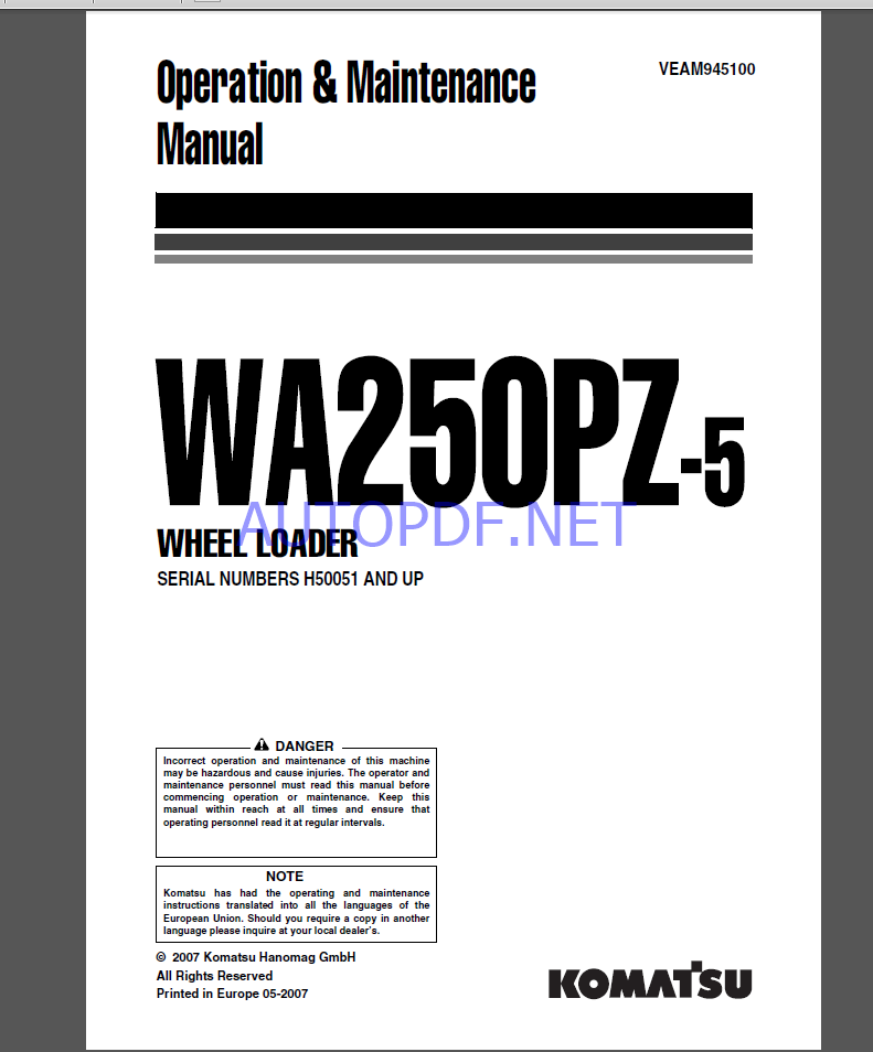 Komatsu WA250PZ-6 WHEEL LOADER Operation and maıntenance Manual(VEAM945100)