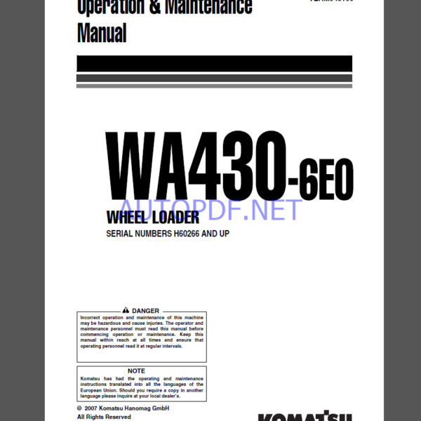 Komatsu WA430-6EO WHEEL LOADER Operation and maıntenance Manual(VEAM948100)