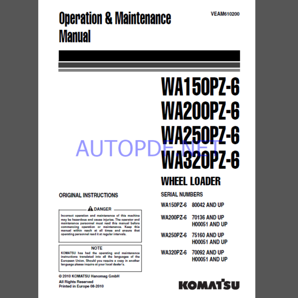 Komatsu WA150PZ-6, WA200PZ-6, WA250PZ-6, WA320PZ-6 WHEEL LOADER Operation and Maintenance Manual (CEAMW19021)