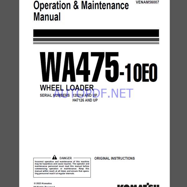 Komatsu WA475-10E0 WHEEL LOADER Operation and Maintenance Manual(VEAM56007)