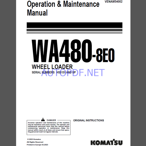 Komatsu WA480-8E0 WHEEL LOADER Operation and Maintenance Manual(VEAM54002)