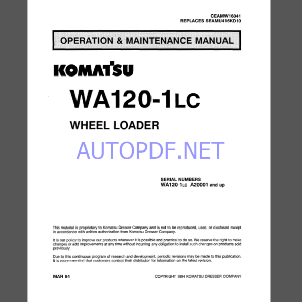 Komatsu WA120-1LC WHEEL LOADER Operation and Maintenance Manual (CEAMW16041)