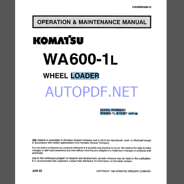 Komatsu WA600-1L WHEEL LOADER Operation and Maintenance Manual (CEAMW26010)