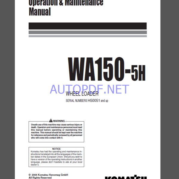 Komatsu WA150-5H DUMP TRUCK Operation Maintenance Manual(VEAM93100)