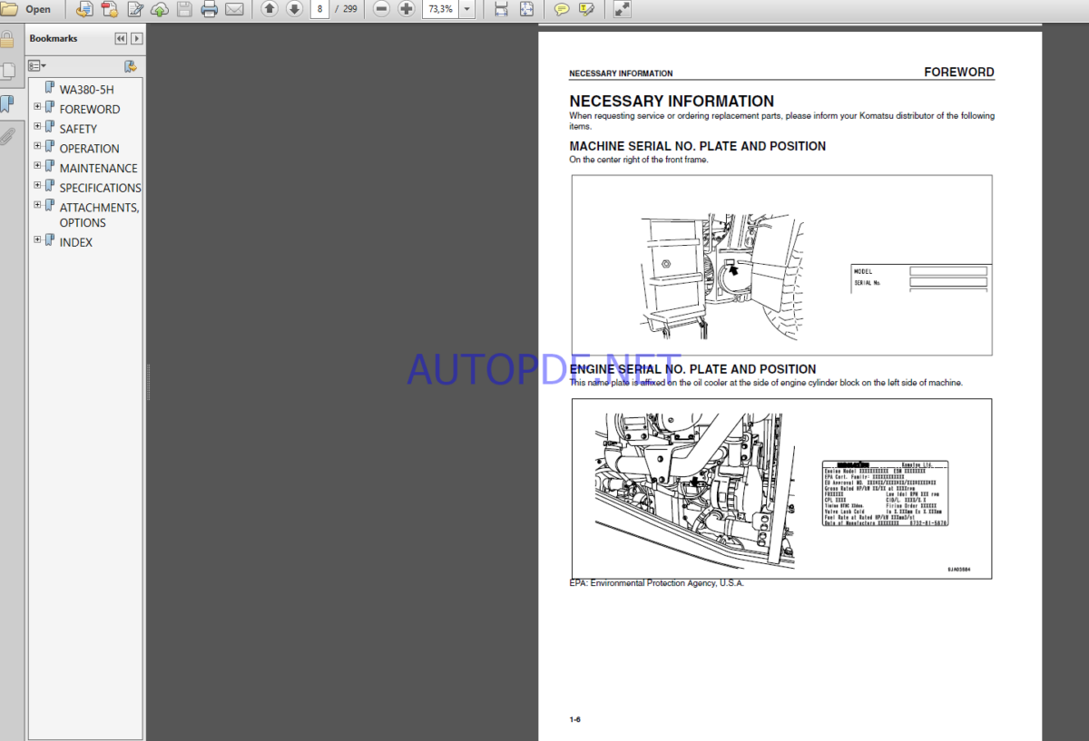 Komatsu WA380-5H WHEEL LOADER Operation and maıntenance Manual(VEAM920100)