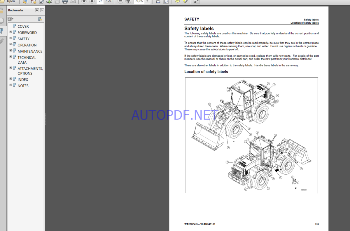 Komatsu WA250PZ-5 WHEEL LOADER Operation and maıntenance Manual(VEAM945101)