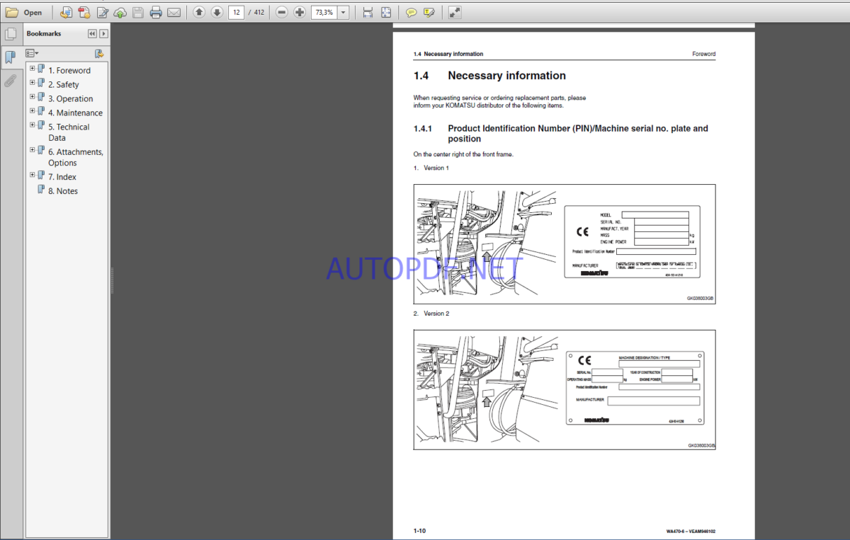 Komatsu WA470-6 WHEEL LOADER Operation and maıntenance Manual(VEAM946102)