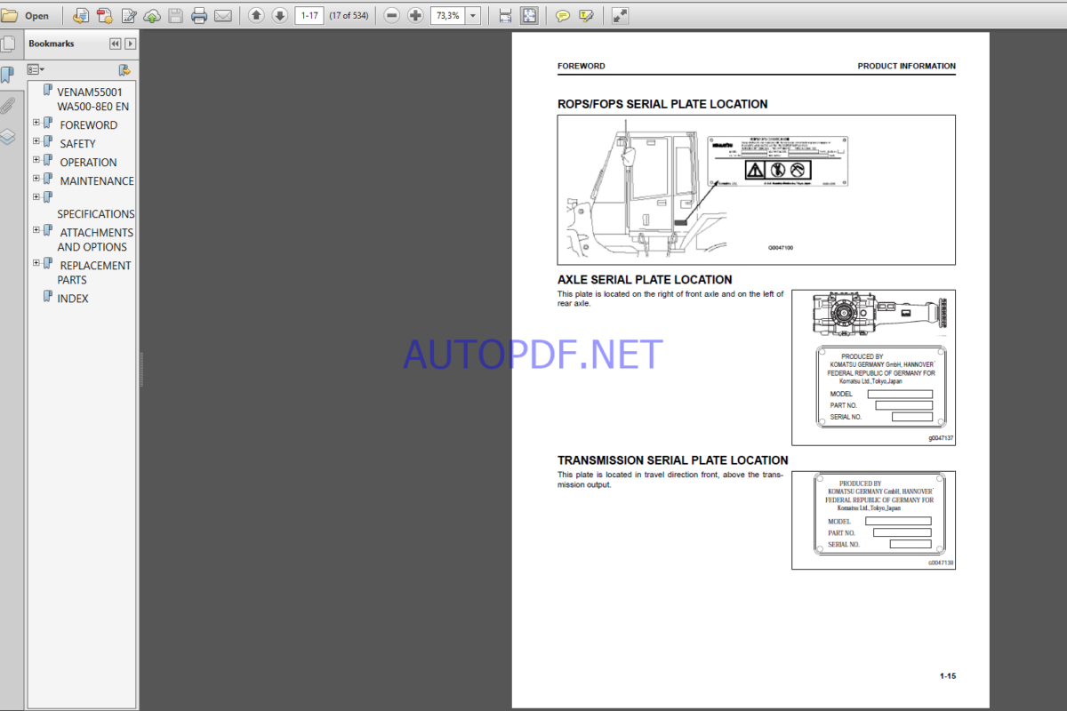 Komatsu WA500-8EO WHEEL LOADER Operation and Maintenance Manual(VEAM55001)