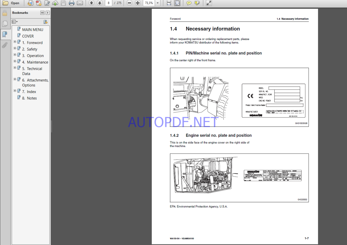 Komatsu WA150-5H DUMP TRUCK Operation Maintenance Manual(VEAM93100)