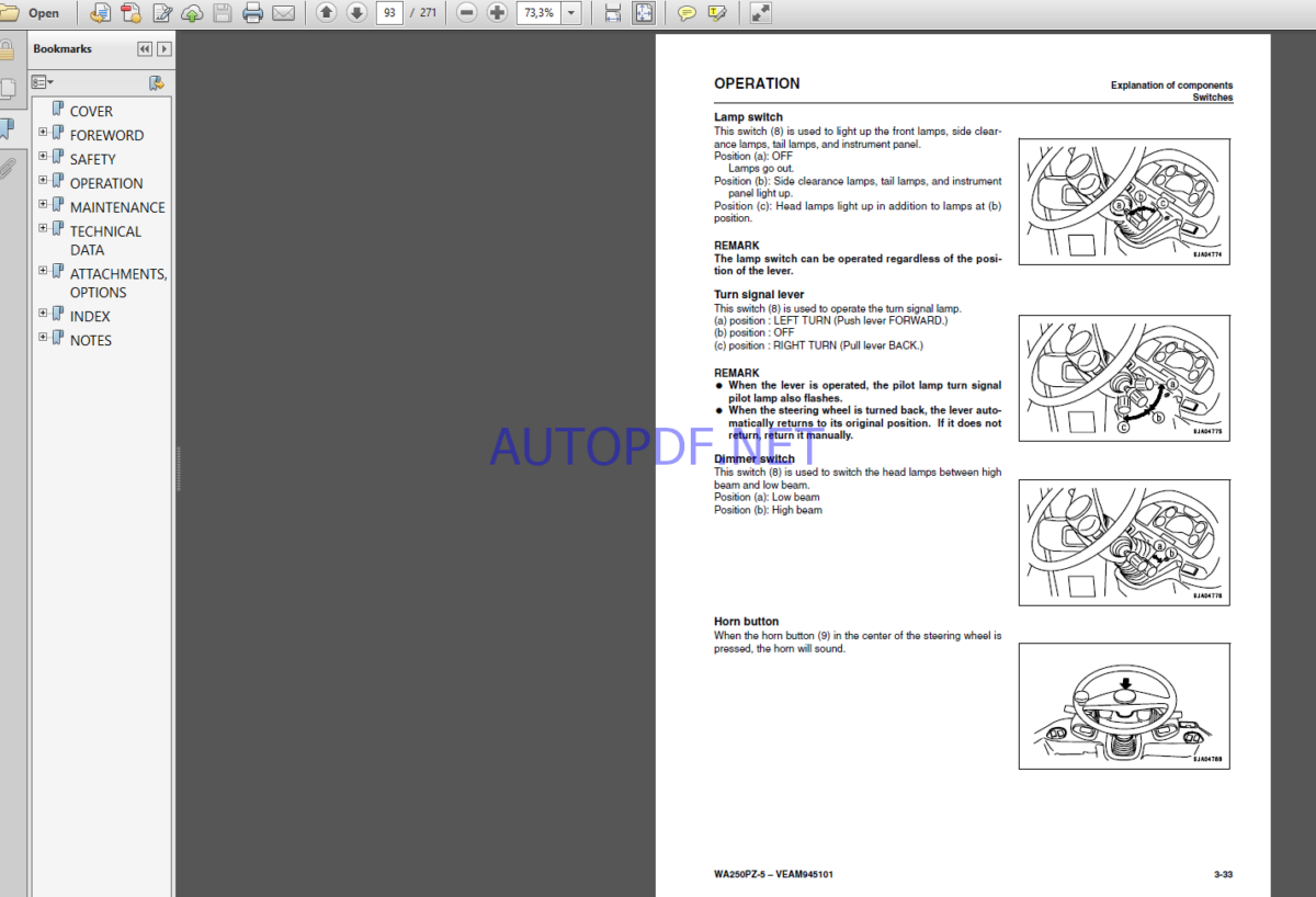 Komatsu WA250PZ-5 WHEEL LOADER Operation and maıntenance Manual(VEAM945101)