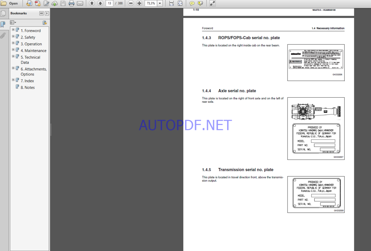 Komatsu WA470-6 WHEEL LOADER Operation and maıntenance Manual(VEAM946100)