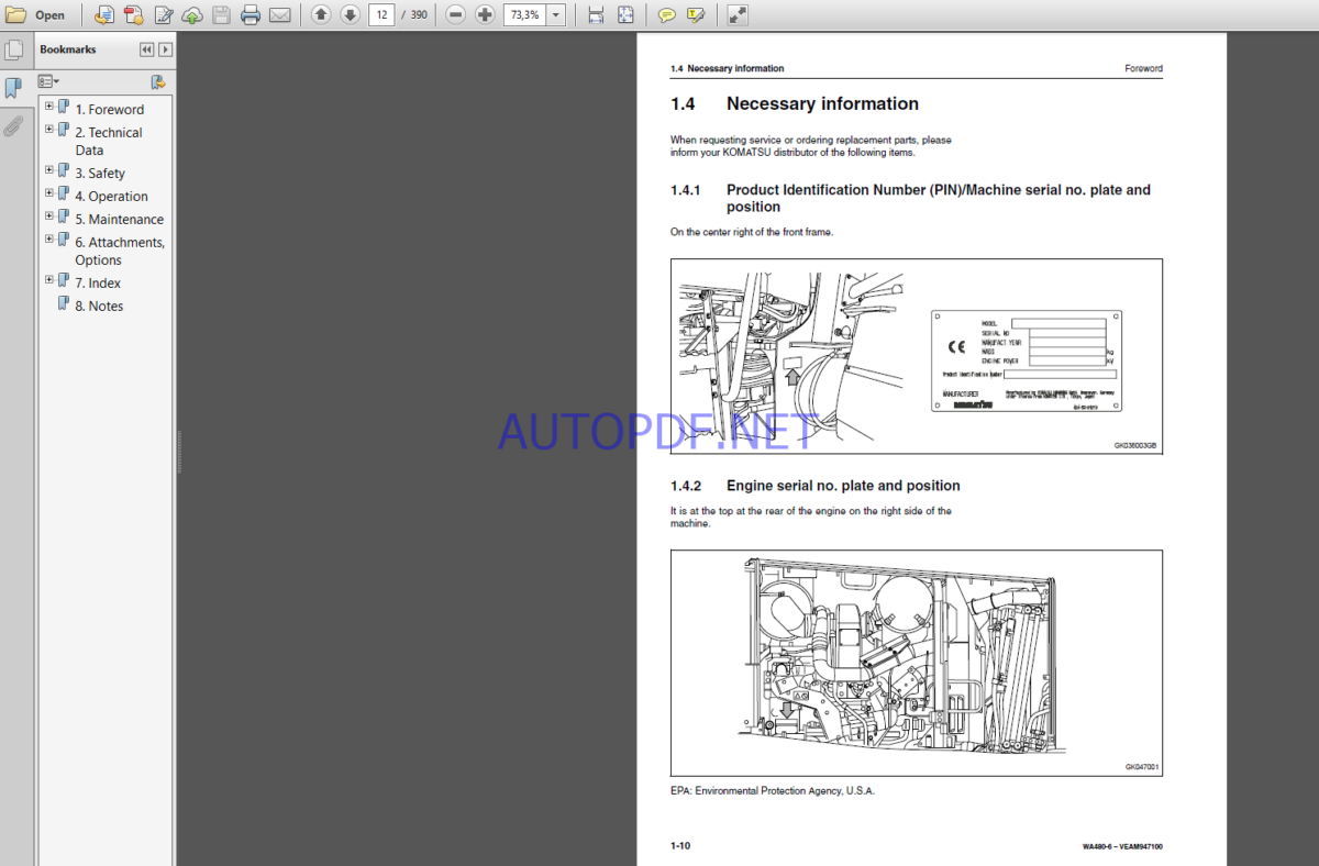 Komatsu WA480-6 WHEEL LOADER Operation and maıntenance Manual(VEAM947100)