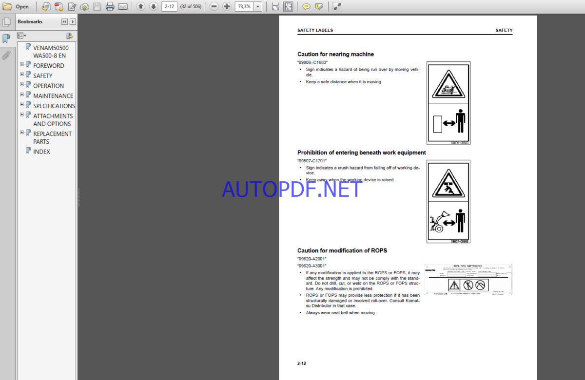 Komatsu WA500-8 WHEEL LOADER Operation and Maintenance Manual(VEAM50501)