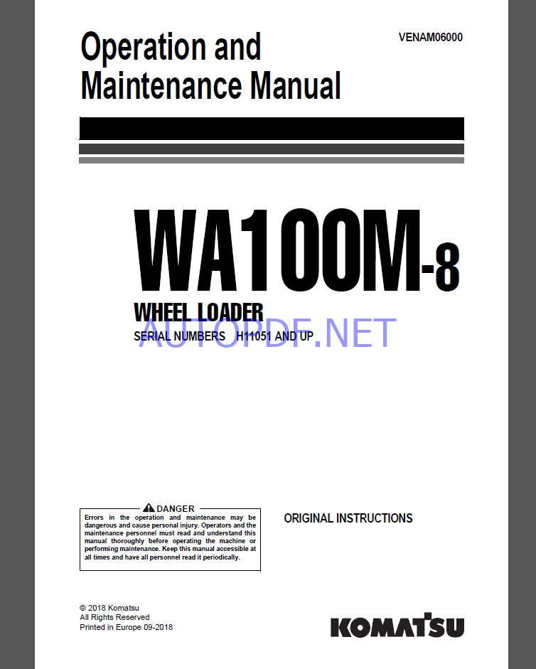 Komatsu WA100M-8 WHEEL LOADER Operation Maintenance Manual(VENAM06000)