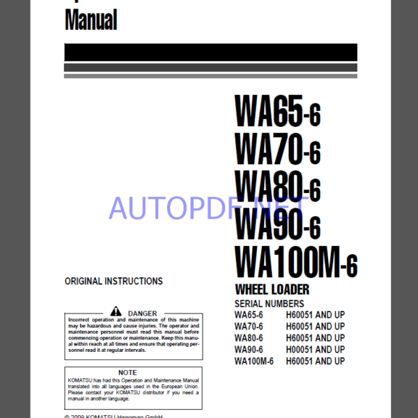 Komatsu WA65-6,WA70-6,WA80-6,WA90-6 WHEEL LOADER Operation Maintenance Manual(VEAM550102)