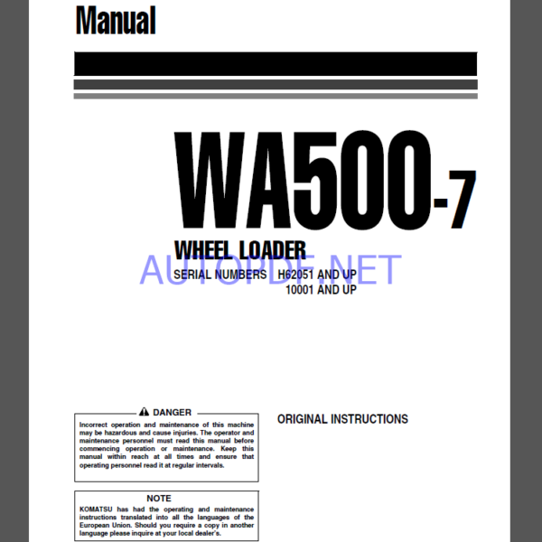 Komatsu WA500-7 WHEEL LOADER Operation Maintenance Manual(VEAM46502)