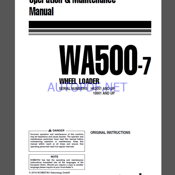 Komatsu WA500-7 WHEEL LOADER Operation Maintenance Manual(VEAM46501)