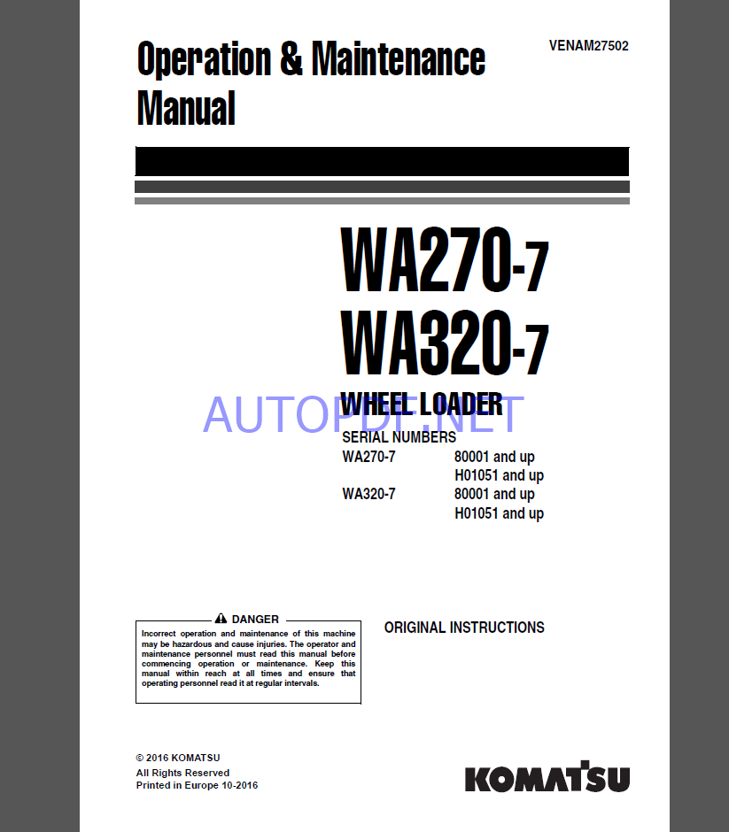 Komatsu WA270-7,WA320-7 WHEEL LOADER Operation Maintenance Manual(VENAM27502)