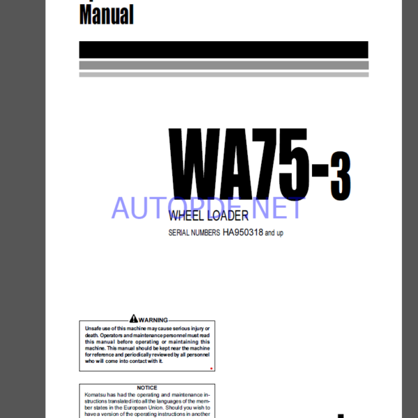 Komatsu WA75-3 WHEEL LOADER Operation Maintenance Manual(VEAM050300)