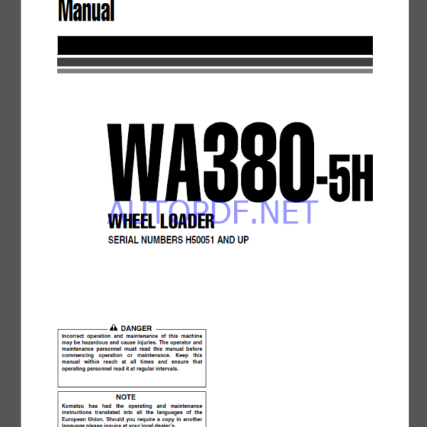 Komatsu WA380-5H WHEEL LOADER Operation Maintenance Manual(VEAM920100)