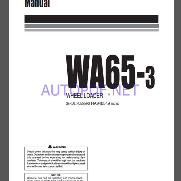 Komatsu WA65-3 WHEEL LOADER Operation Maintenance Manual(VEAM940500)