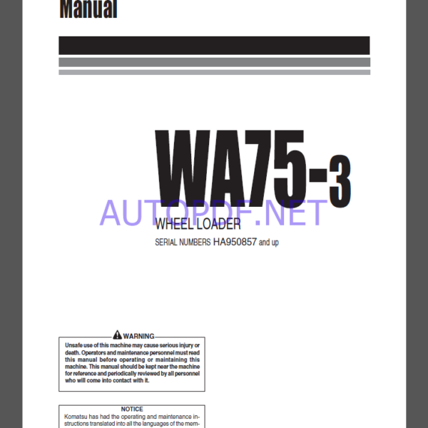 Komatsu WA75-3 WHEEL LOADER Operation Maintenance Manual(VEAM950500)