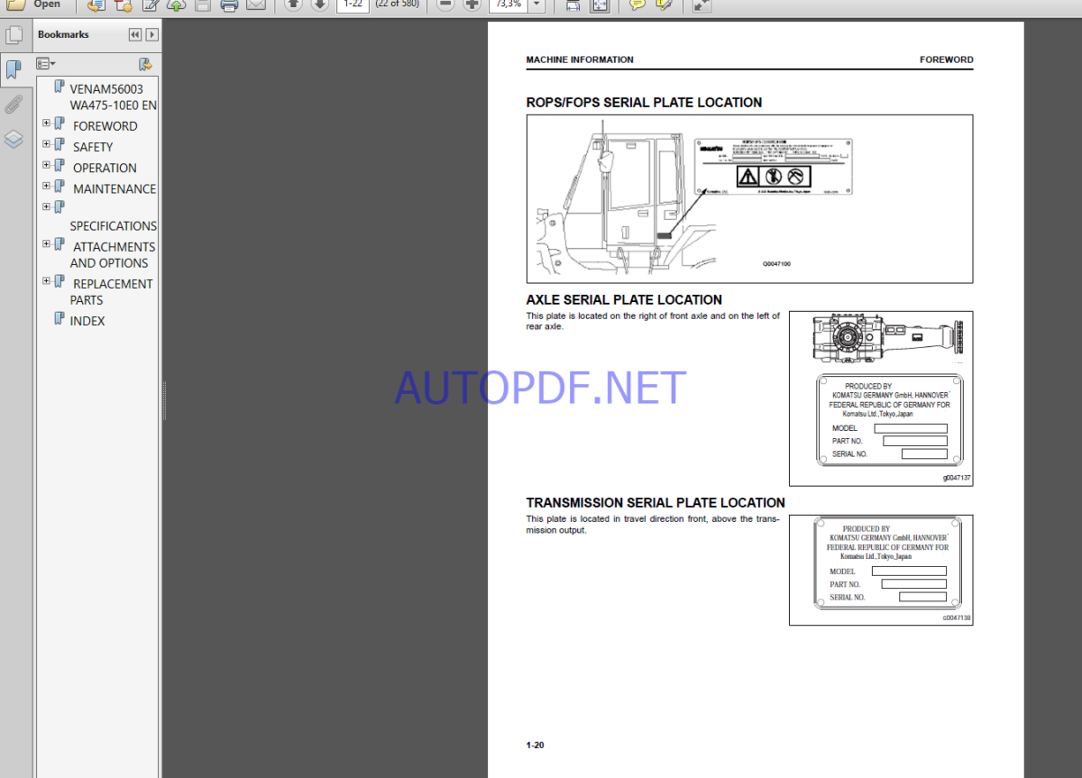 Komatsu WA475-10EO DUMP TRUCK Operation Maintenance Manual(VEAM56003)