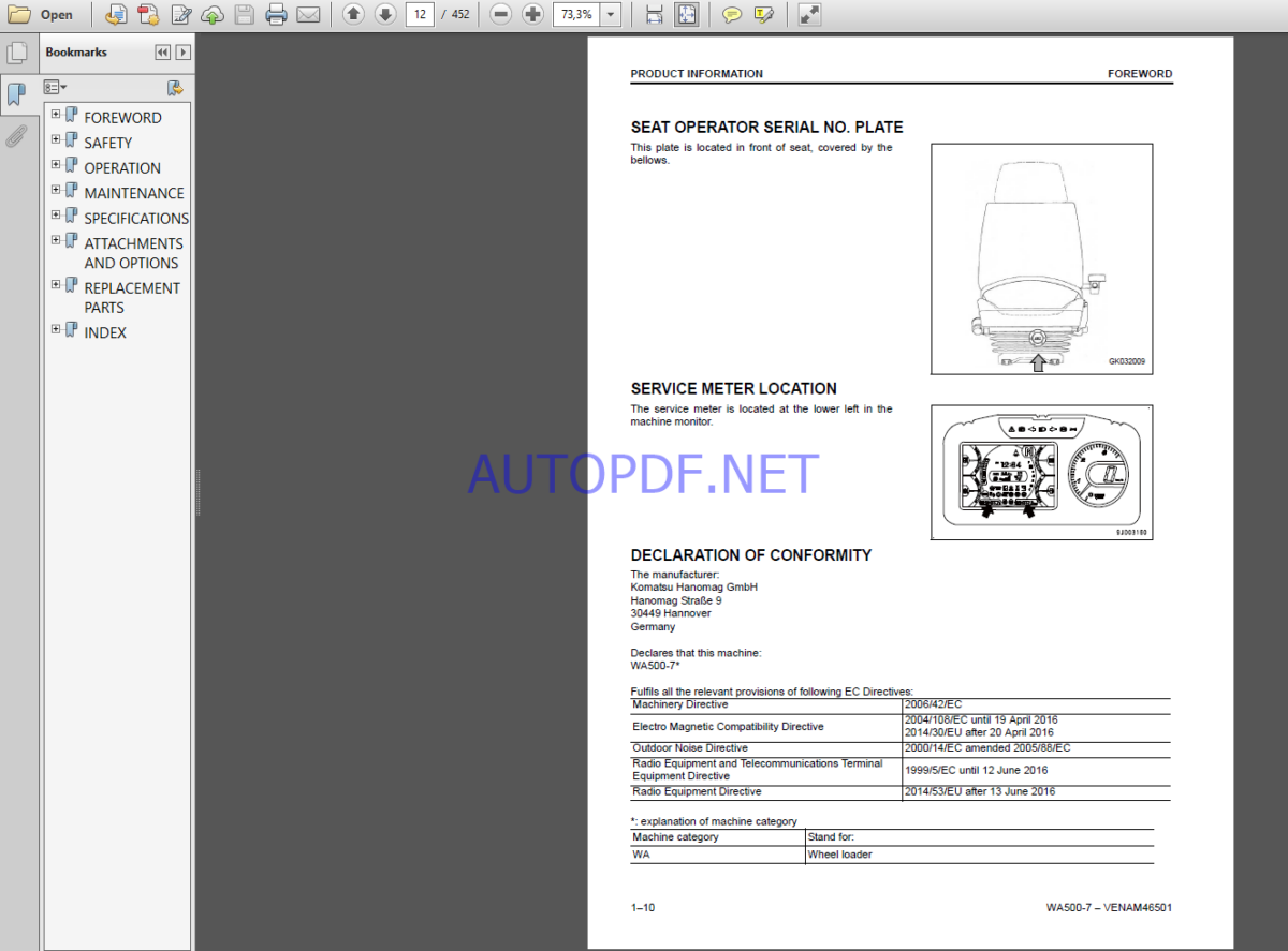 Komatsu WA500-7 WHEEL LOADER Operation Maintenance Manual(VEAM46501)