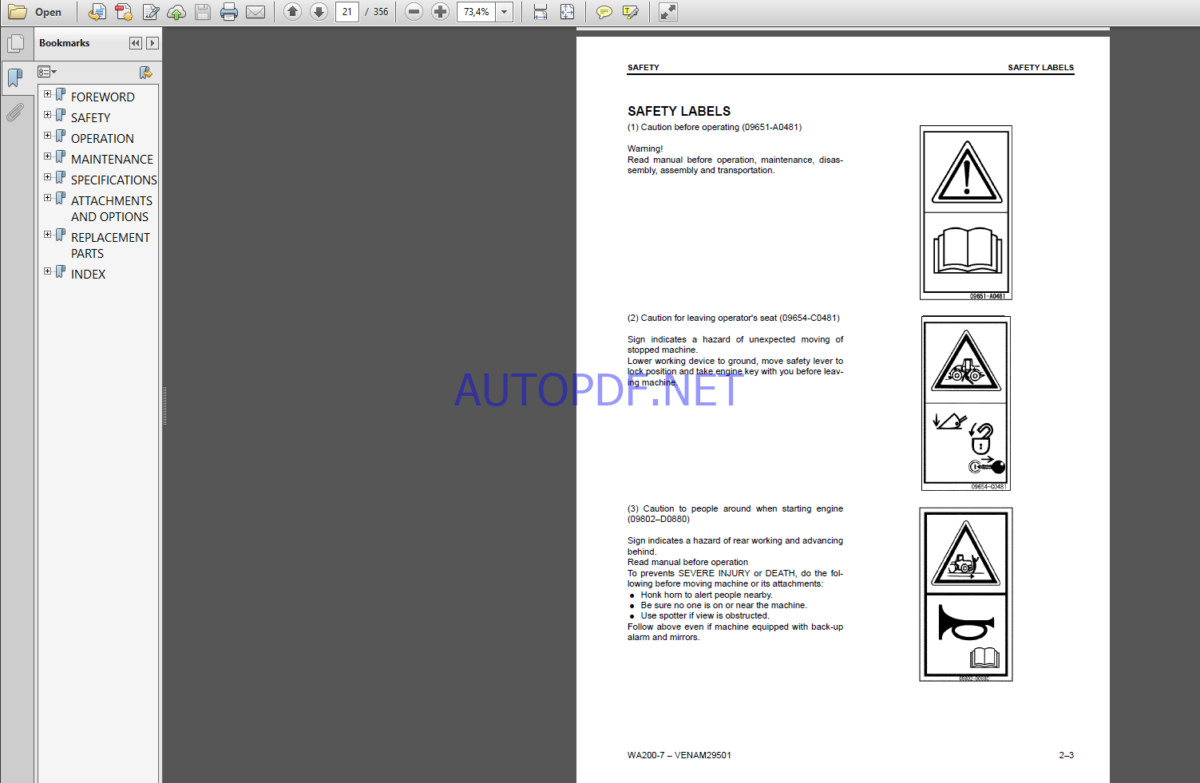 Komatsu WA200-7 WHEEL LOADER Operation Maintenance Manual(VENAM29501)