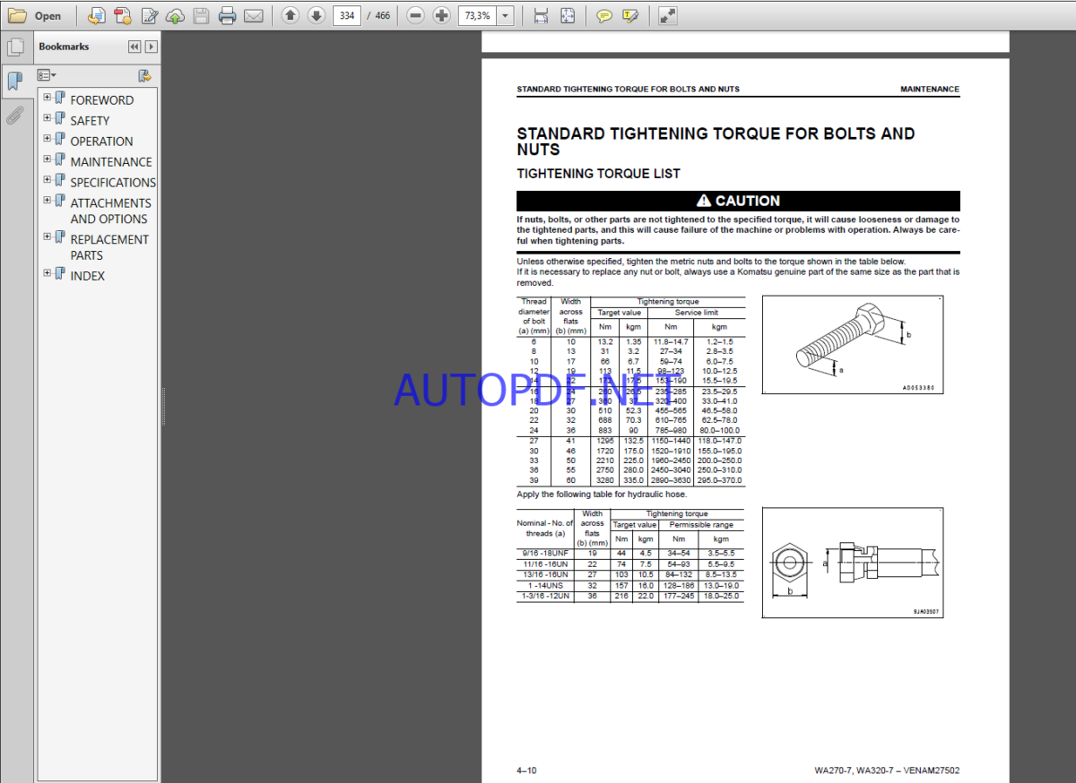 Komatsu WA270-7,WA320-7 WHEEL LOADER Operation Maintenance Manual(VENAM27502)