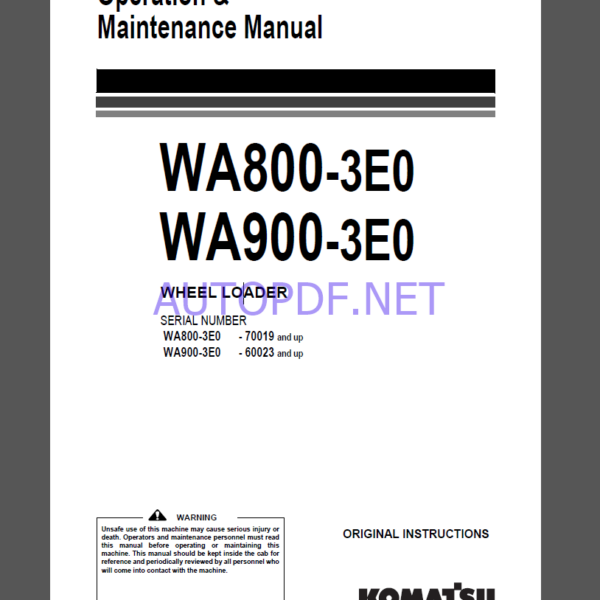 Komatsu WA800-3E0,WA900-3E0 WHEEL LOADER Operation Maintenance Manual(EEAM027801)