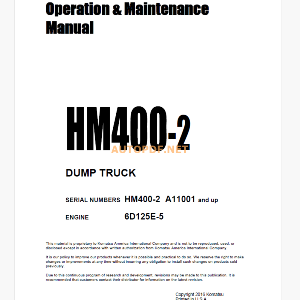 Komatsu HM400-2 Trolley DUMP TRUCK Operation and Maintenance Manual (CEAM017604)