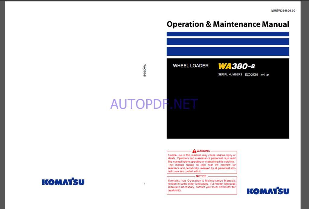 Komatsu WA380-8 WHEEL LOADER Operation Maintenance Manual(MMEW380800-00)